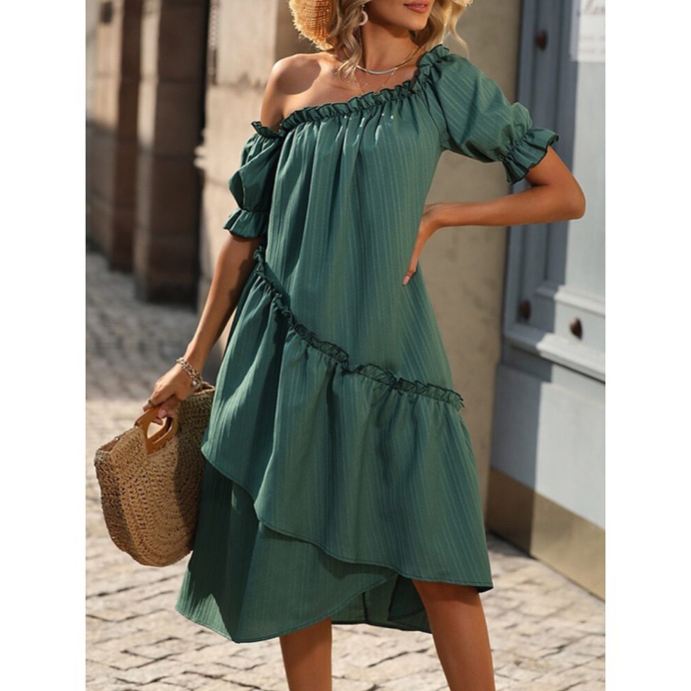 🍃 BOHO GREEN ASYMMETRICAL RUFFLE LOOSE FIT DRESS! - Picture 2 of 7